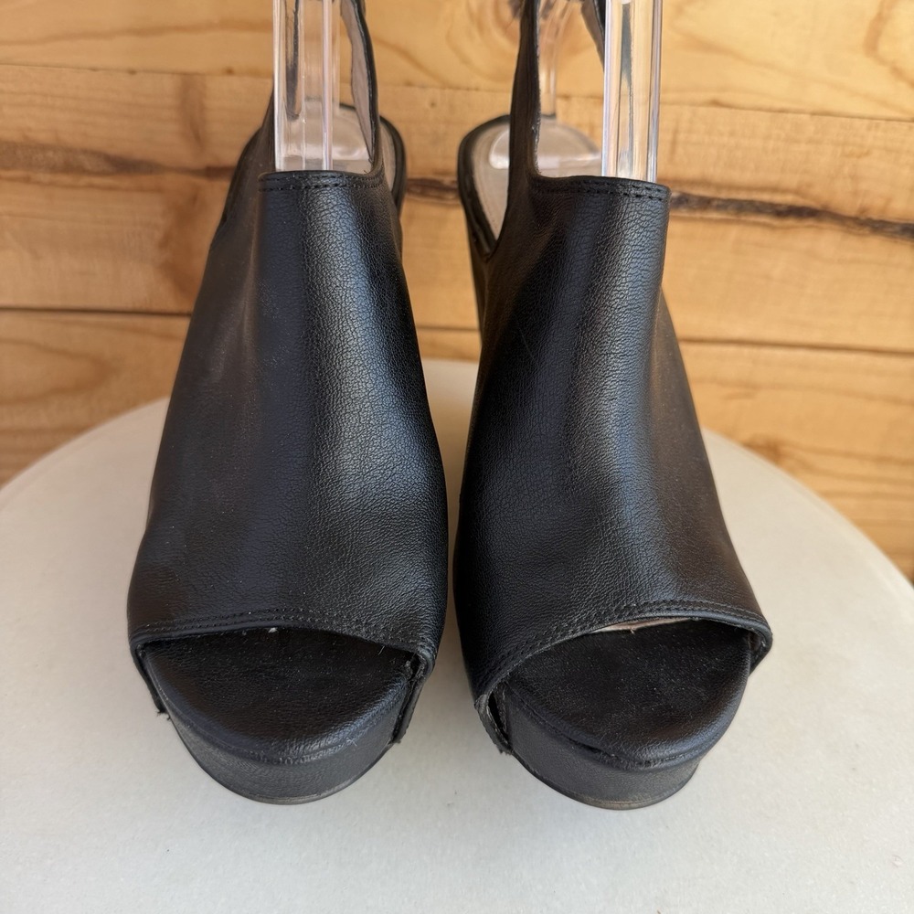 Steve Madden Leather Peeptoe Wedge Shoe 8M Blassst Black Whimsigoth Slingback - Picture 4 of 7